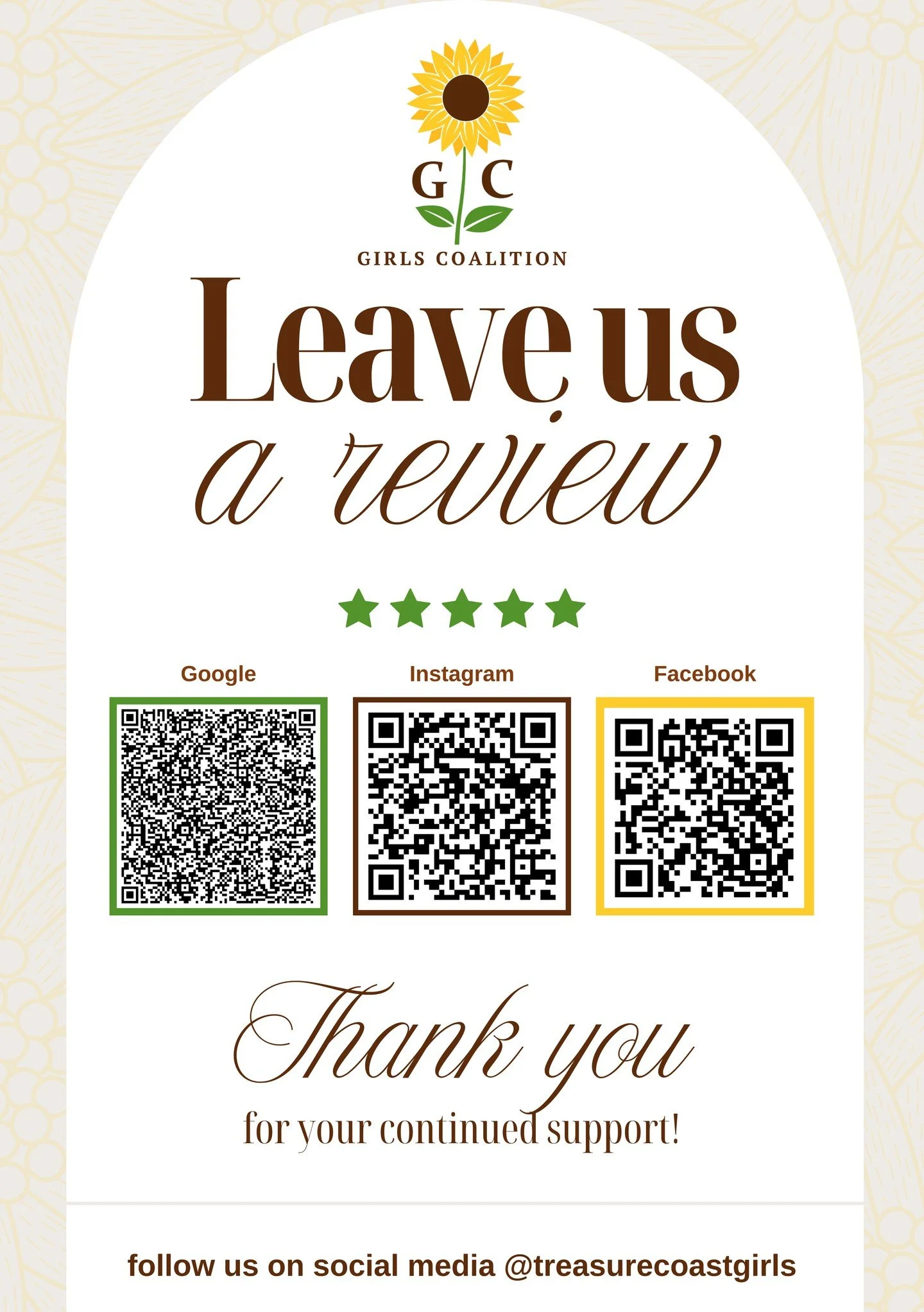 ⭐️ LOVE WHAT Treasure Coast Girls Coalition IS DOING IN OUR COMMUNITY? ⭐️

Help us continue to Educate, Elevate &amp; Empower girls across the Treasure Coast by leaving us a quick Google review! 🌻

Your kind words help more families, supporters, vol