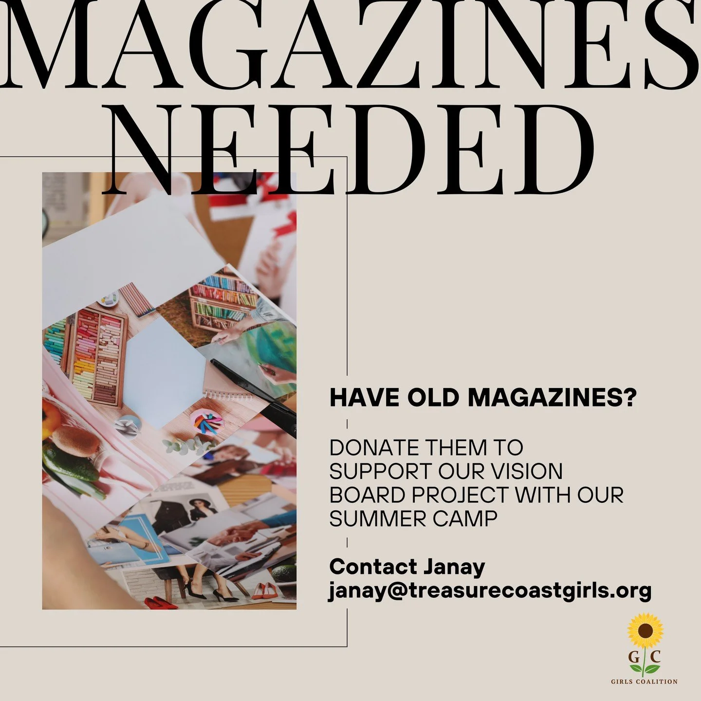 Got old magazines collecting dust? Put them to good use and help inspire the next generation! 📰

This summer, our TCGC girls will be creating vision boards as part of a special activity focused on goal setting, self-discovery, and dreaming big. We a