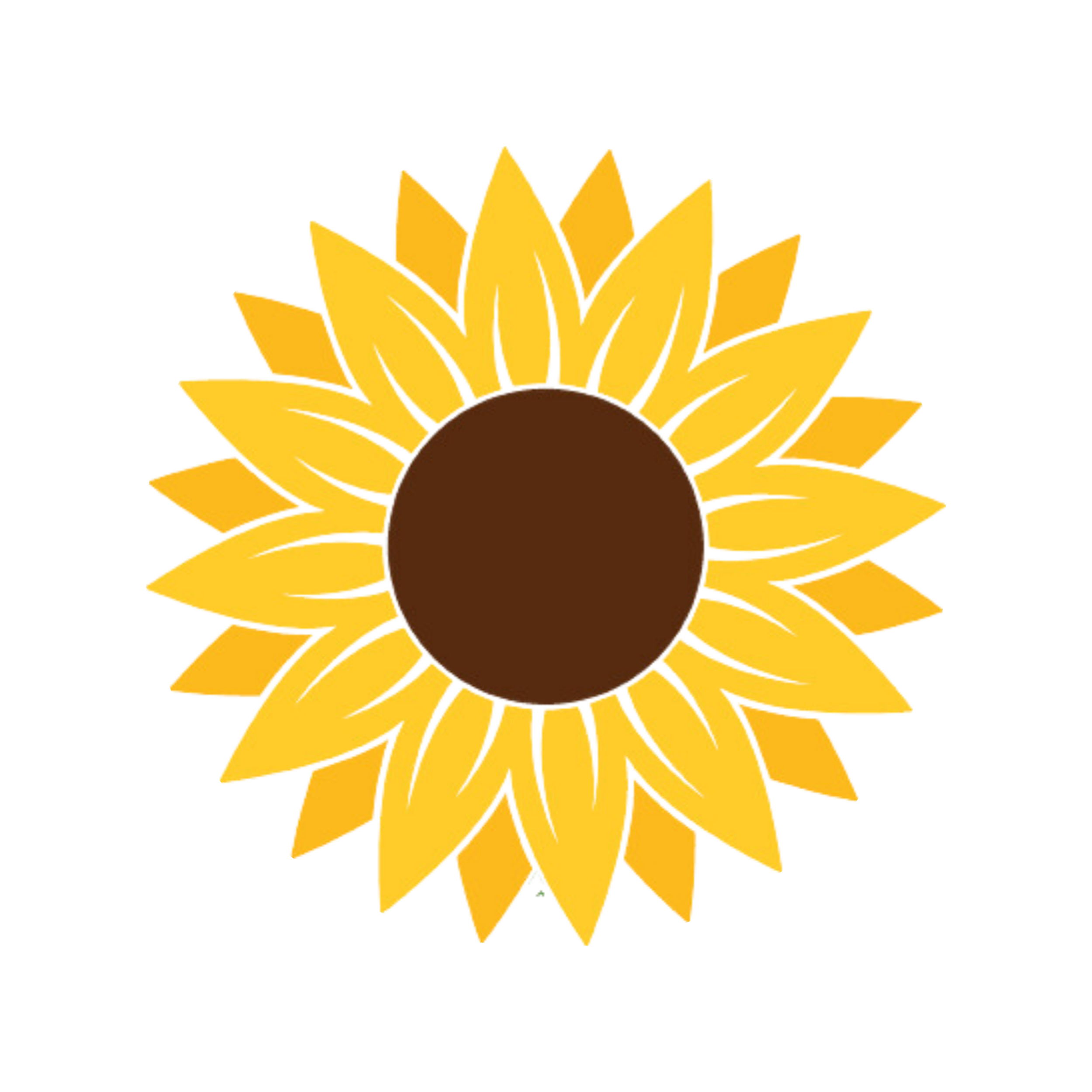 A stylized illustration of a sunflower with yellow petals and a brown center.