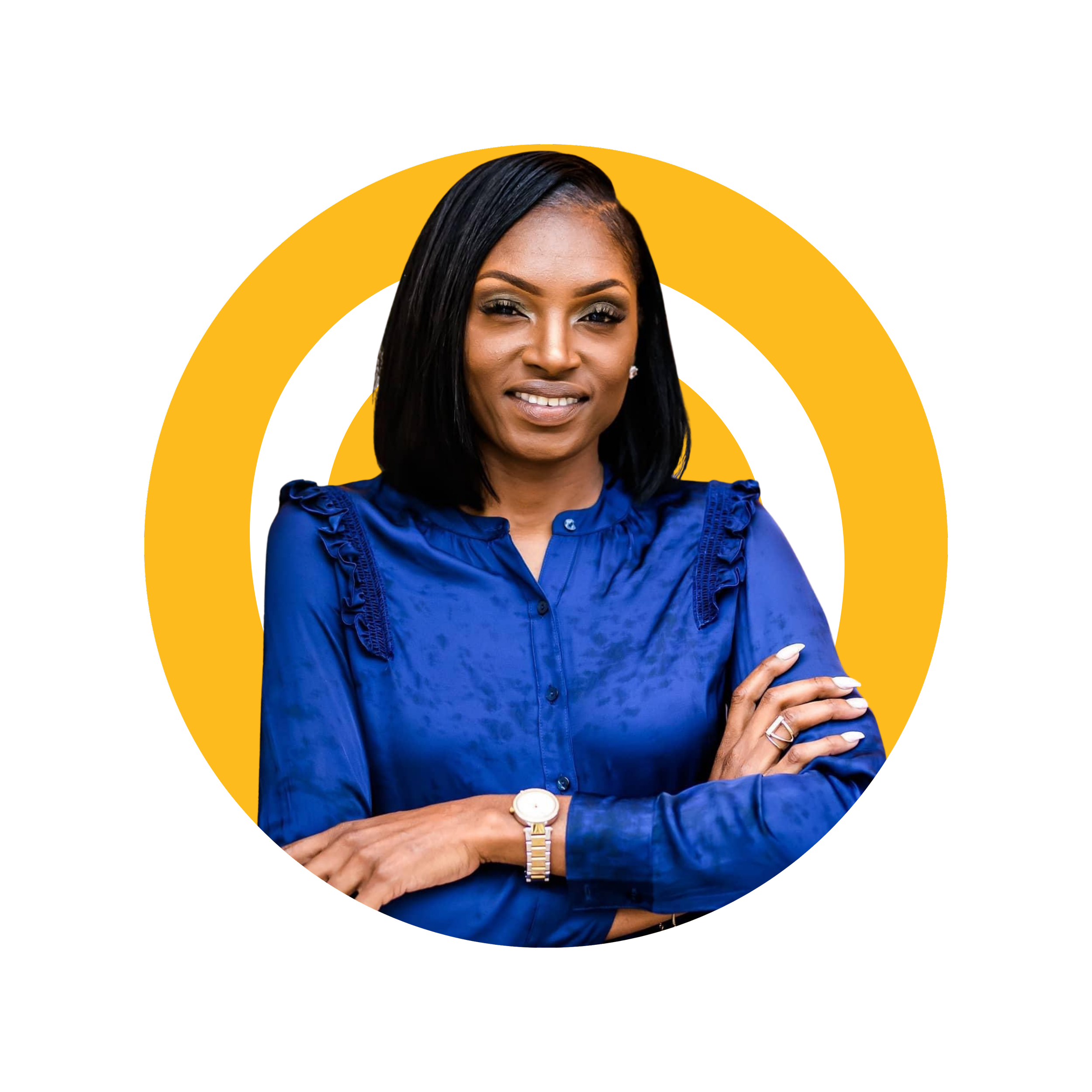 A woman with black hair and dark skin, wearing a blue blouse, smiling, with her arms crossed, wearing a gold watch and rings, standing in front of a colorful background with concentric yellow, white, and black circles.