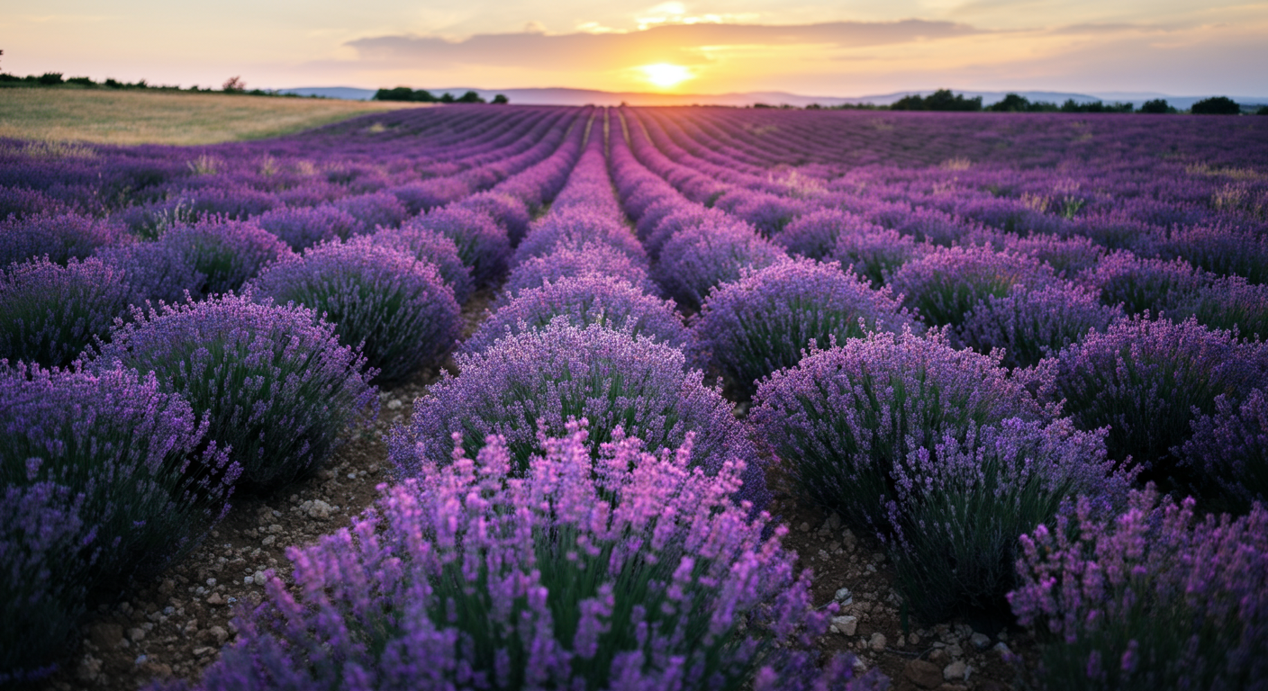 A lavender field at sunset with rows of blooming purple lavender plants.