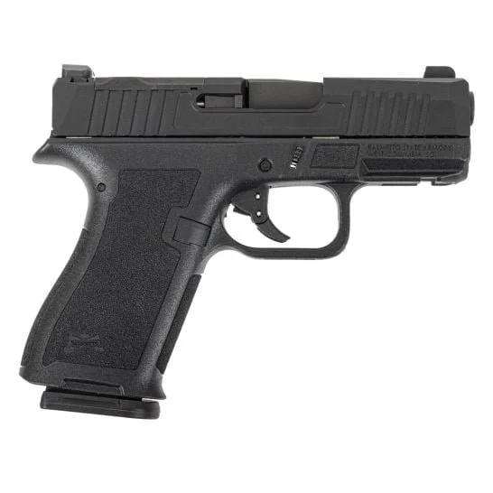 Black semi-automatic handgun with textured grip and slide release.