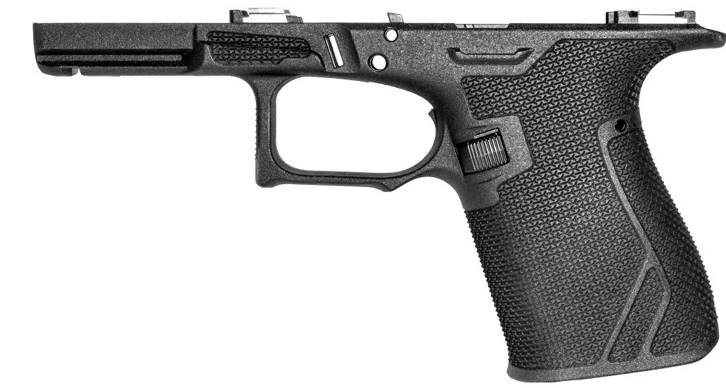 A black semi-automatic handgun with a textured grip and slide, featuring a trigger, trigger guard, and accessory rail on the underside of the barrel.
