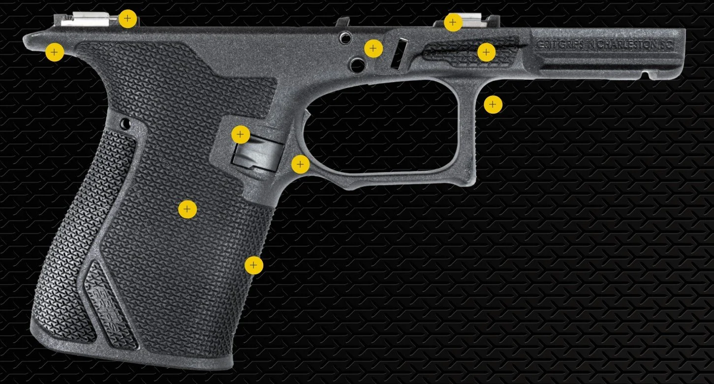 Diagram of a black handgun with yellow labels pointing to different parts on the gun.