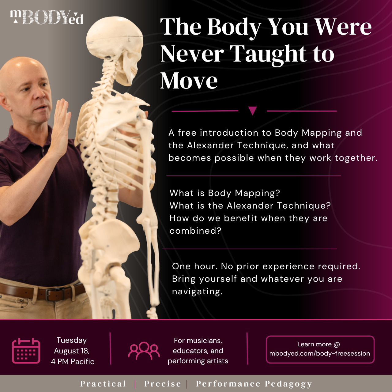 A man demonstrates a human skeleton model for an advertisement about body mapping and the Alexander Technique, with event details and a website link.