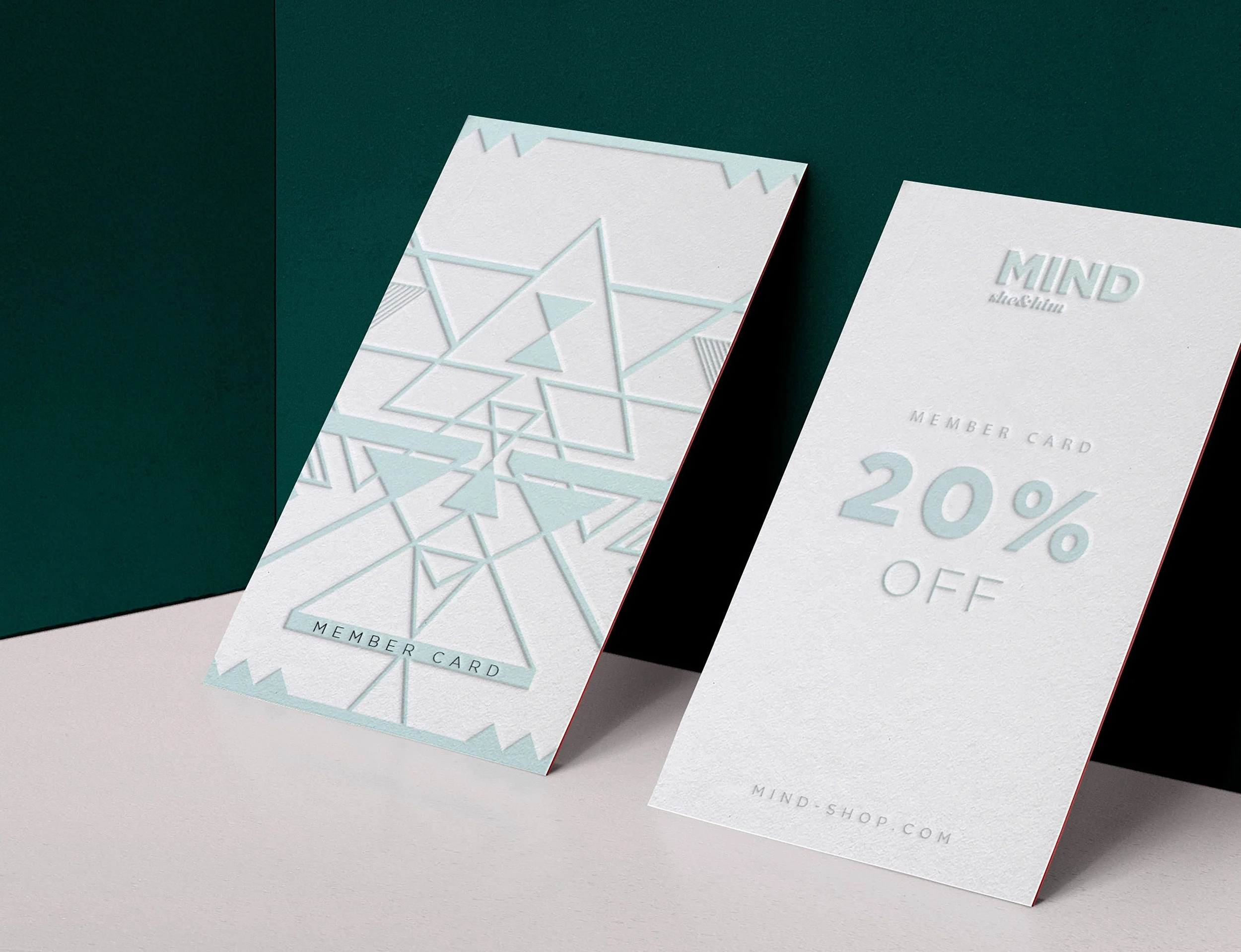 Two embossed member cards for MIND concept store, designed as part of the branding concept by Karin Glarner