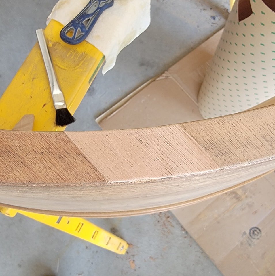 Taking a break from building cabinets today to work on the grand piano bookcase that my Dad and I are working on. Today I'm working on patching some damaged veneer. Also had some wood that was damaged on a small section on the edge so I'm having to