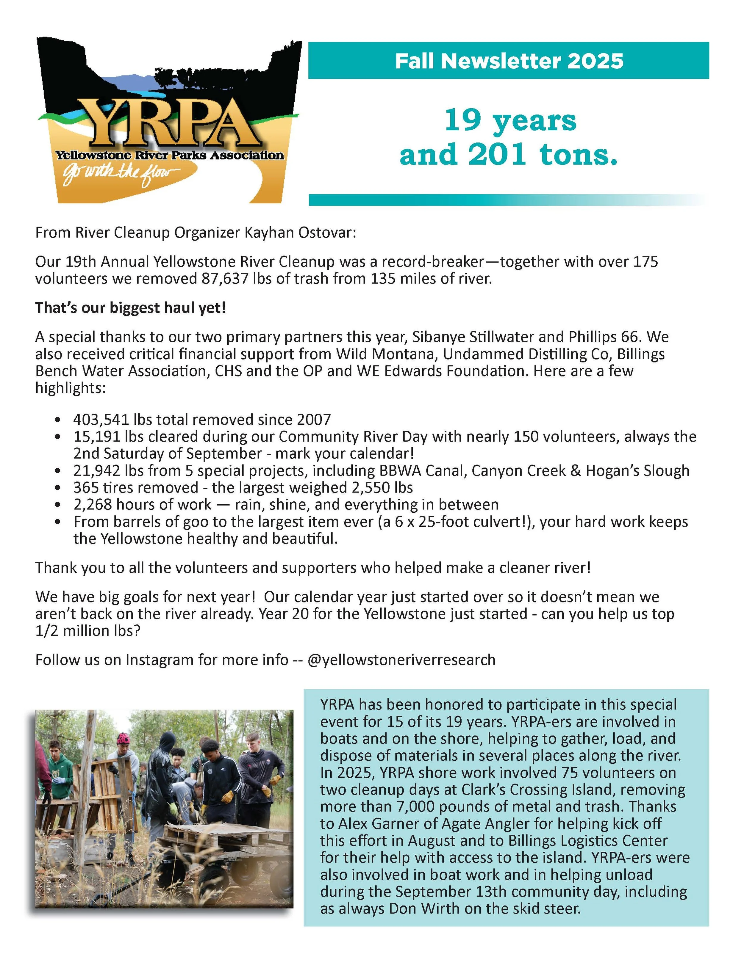 Front page of YRPA Newsletter, including the YRPA logo and text and photos about the 19th annual cleanup event.