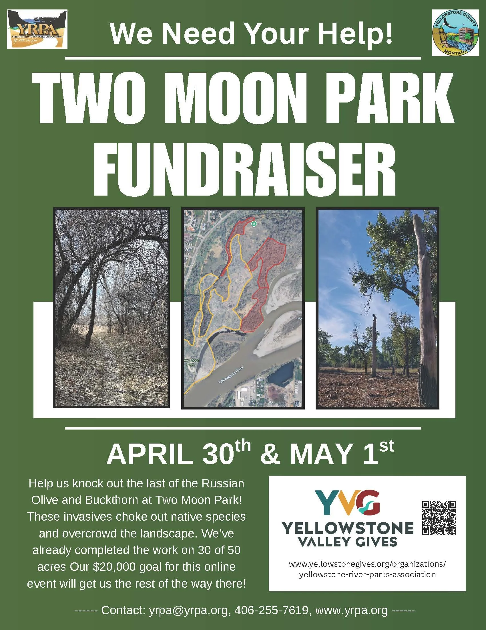 Poster for Fundraiser for Two Moon Park. Shows two images and a map of the park with text below describing the invasive species work needed.