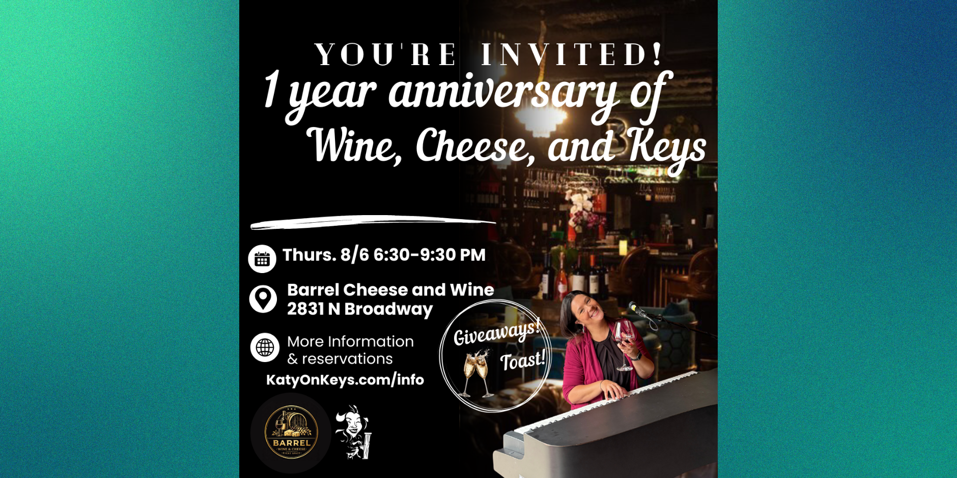 ONE YEAR ANNIVERSARY of Wine, Cheese, and Keys 6:30 PM