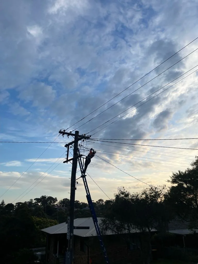 An electrician on a ladder repairing or maintaining power lines on a utility pole under a partly cloudy sky, with trees and local houses in the background.