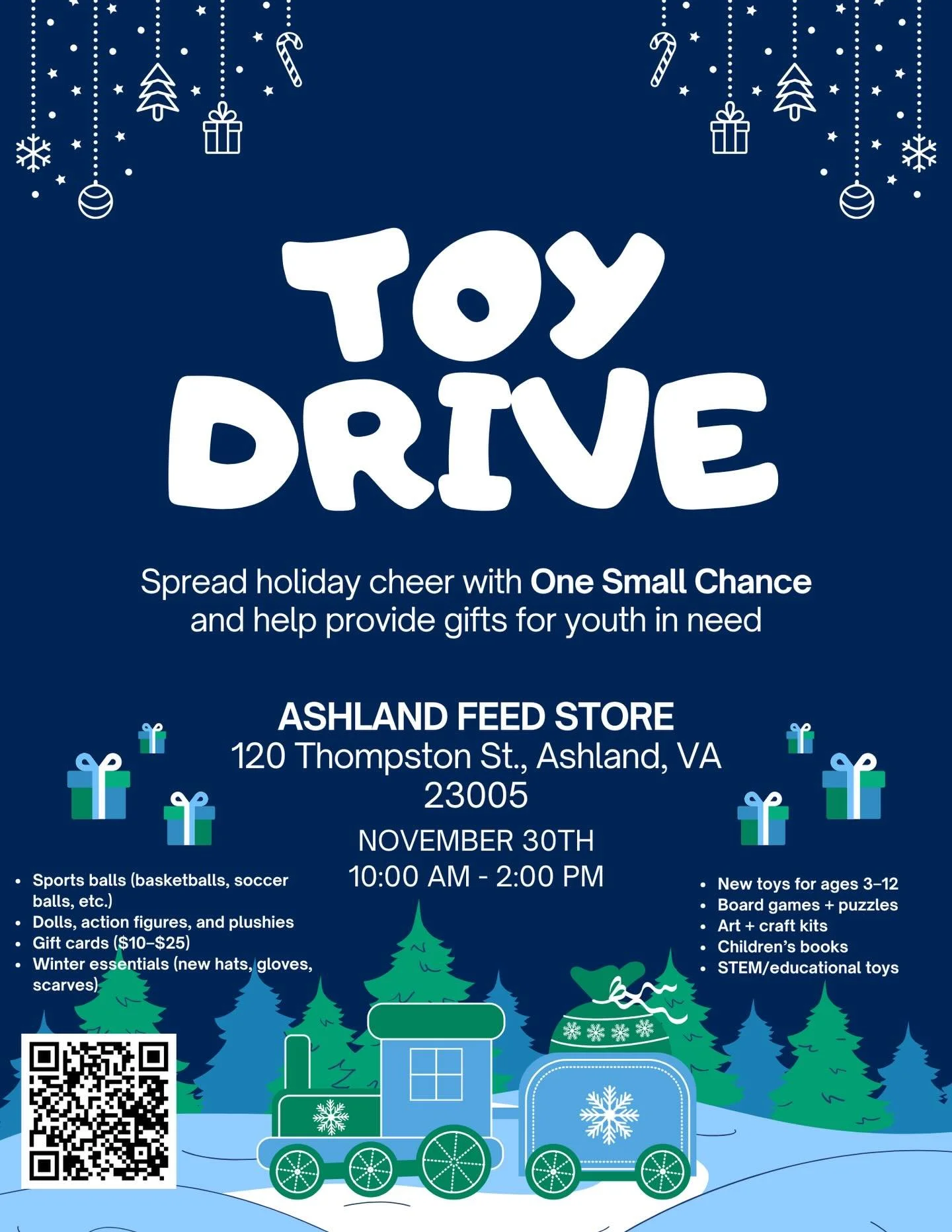 🎄🚂 Second Annual Toy Drive 🎄🚂

Join us at the Ashland Feed Store on Nov 30th | 10am&ndash;2pm for the One Small Chance 2025 Toy Drive!

☕✨ Enjoy a hot cocoa stand while dropping off a gift to brighten a child&rsquo;s holiday season.

Items We&rsq