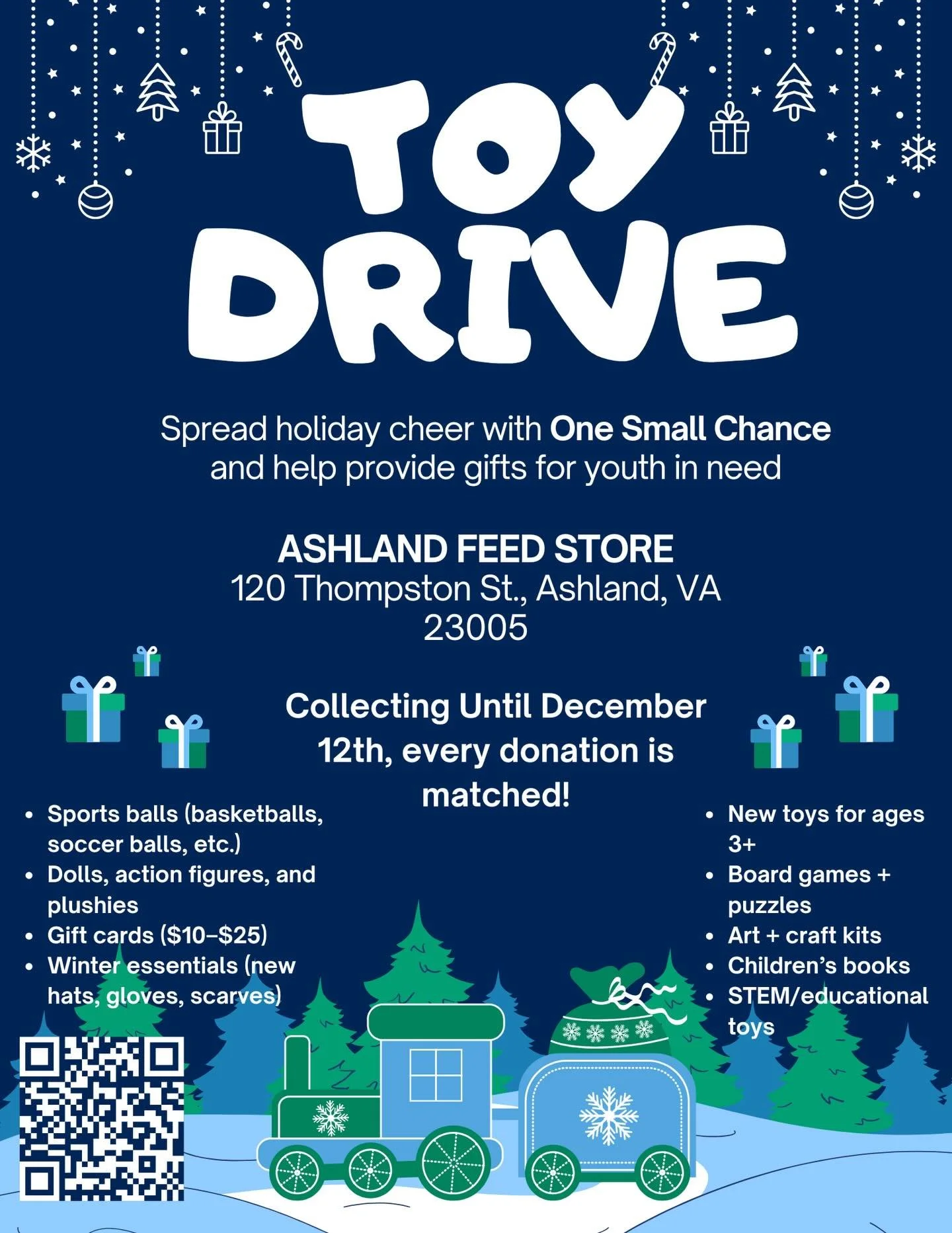 🎄🚂 Second Annual Toy Drive &mdash; Extended!

We&rsquo;re keeping the holiday magic going ✨
Drop-offs are now open through December 12 at the:

📍 Ashland Feed Store
120 Thompson St., Ashland, VA

If you can&rsquo;t make it to the store, no worries