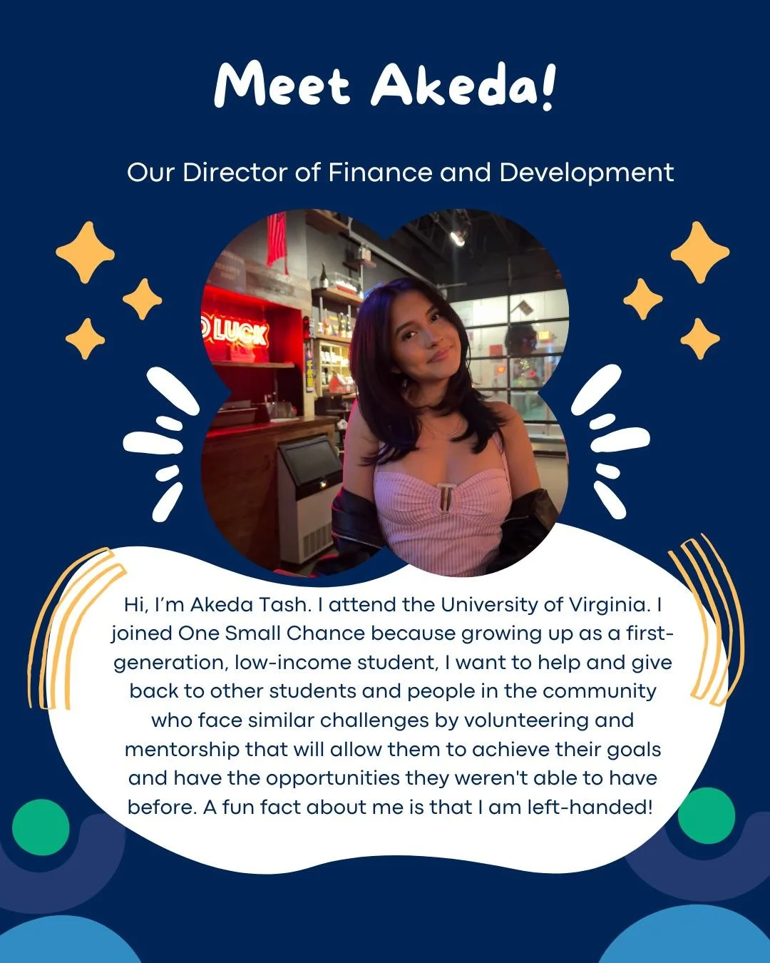 Meet Akeda! Our Director of Finance and Development. We are so happy to have her on our team! 📚#onesmallchance #nonprofit #nonprofitwork