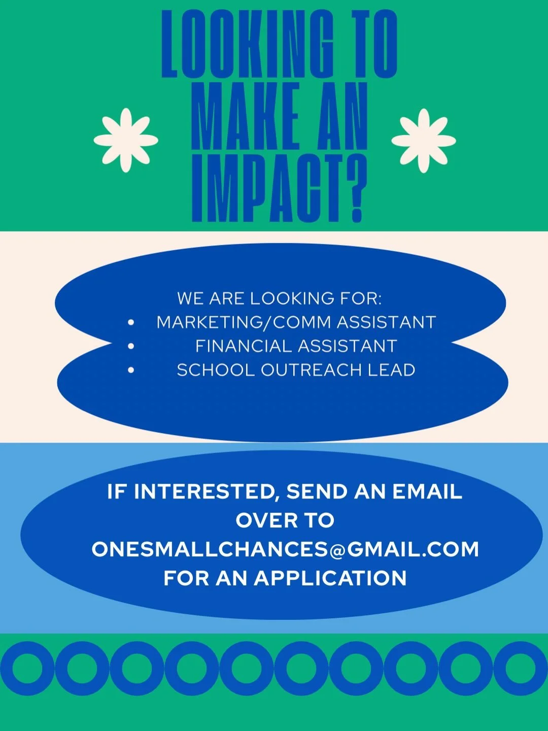 Super excited to share with you all new positions opening with us at One Small Chance, if interested in any opportunities listed above please send an email over to onesmallchances@gmail.com 💙💙