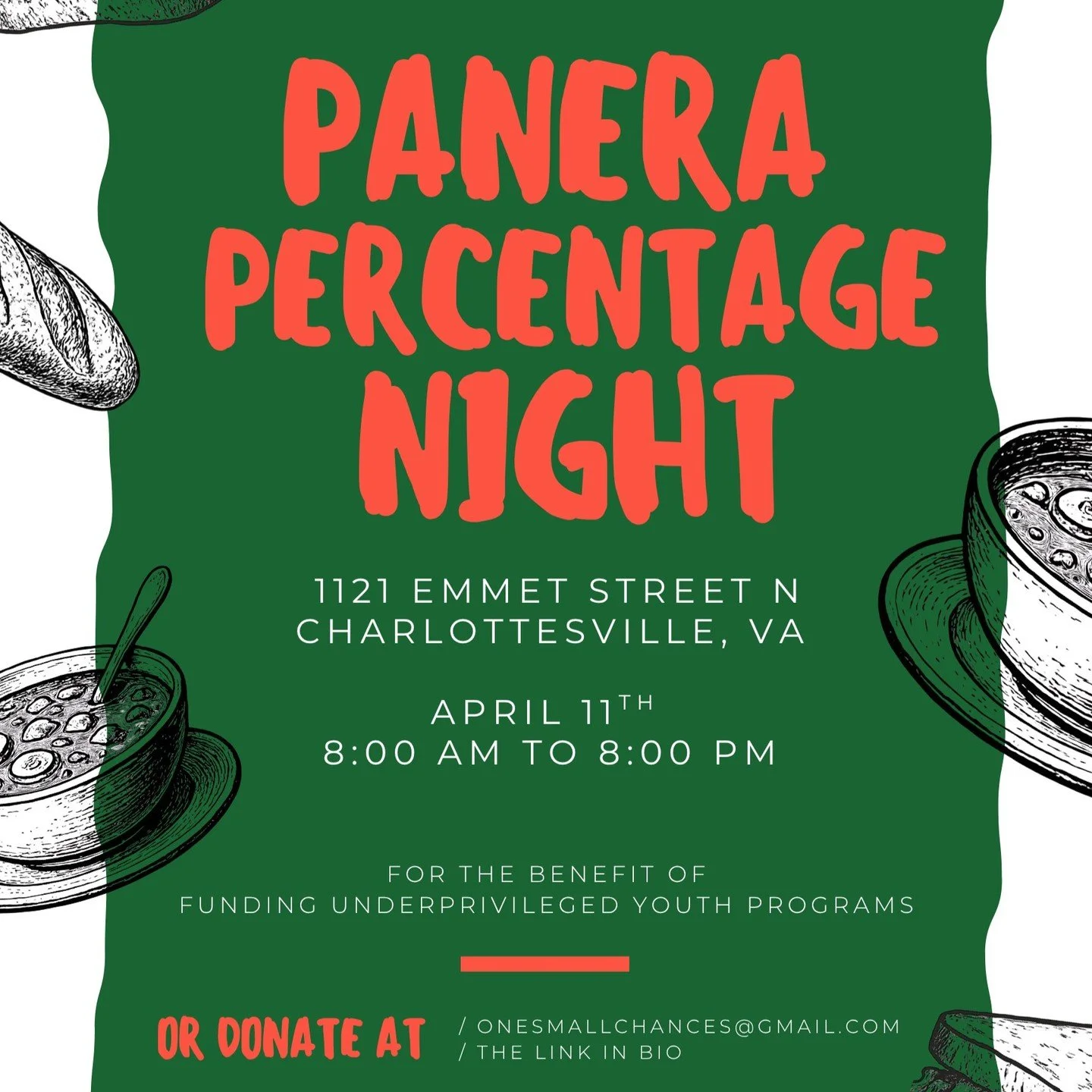 PANERA PERCENTAGE NIGHT 4/11 8am-8pm | Join us to help fund underprivileged youth programs in your area!  #onesmallchance #nonprofit #youth #fundraiser #panera
