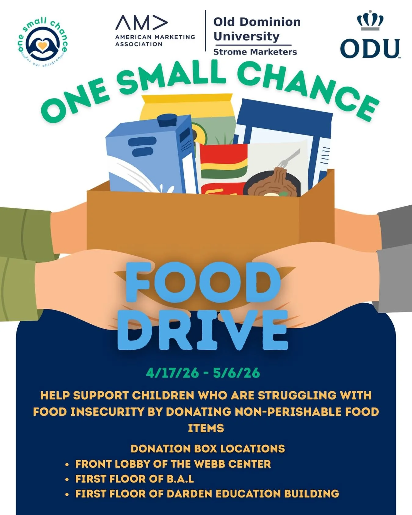 No child should have to worry about their next meal.🩵💙

We&rsquo;re collecting non-perishable food items to support kids in our community. Anything helps.

Donations can be dropped off at:
📍 Front Lobby of the Webb Center
📍 First Floor of B.A.L
?