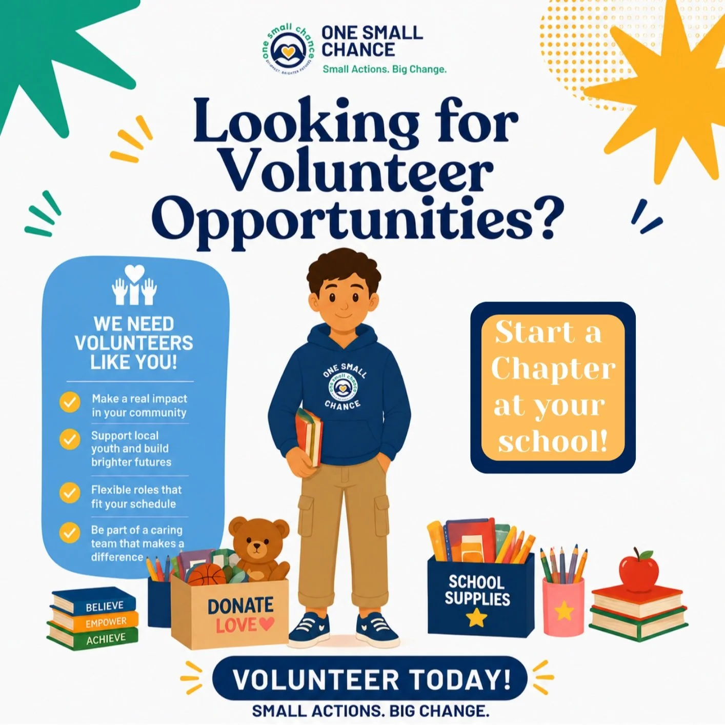 Interested in chartering your own chapter of One Small Chance?  We started small, but we've grown as the founding team of OSC. We currently have one external chapter, but we're working on growing to many more. If you're interested in helping us expan