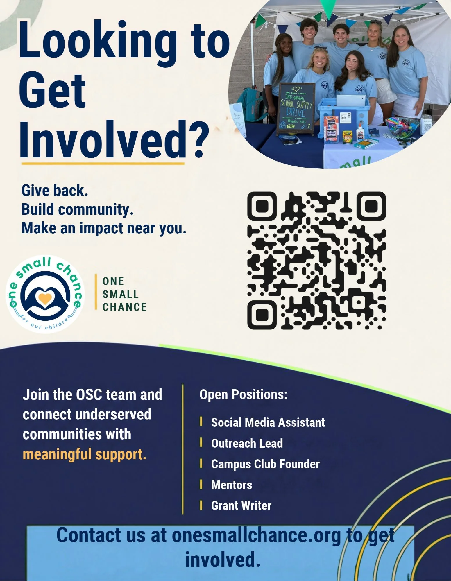 Want to make a difference in your community? 🌎💙

One Small Chance is looking for new team members who are passionate about giving back and helping us expand our impact!

We&rsquo;re looking for Social Media Assistants, Outreach Leads, Campus Club F