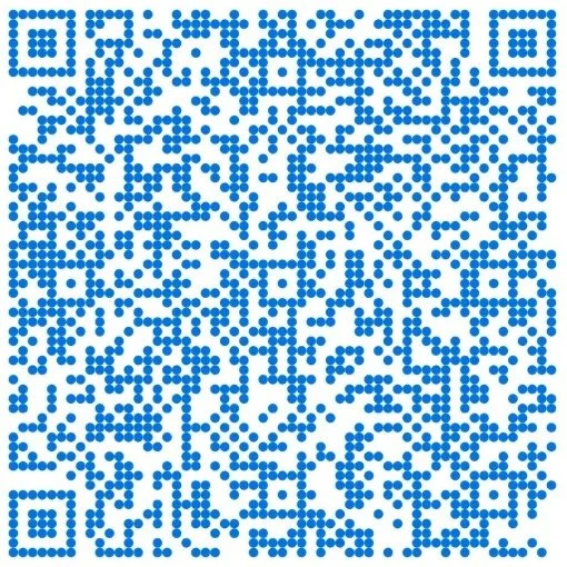 A blue QR code on a white background.