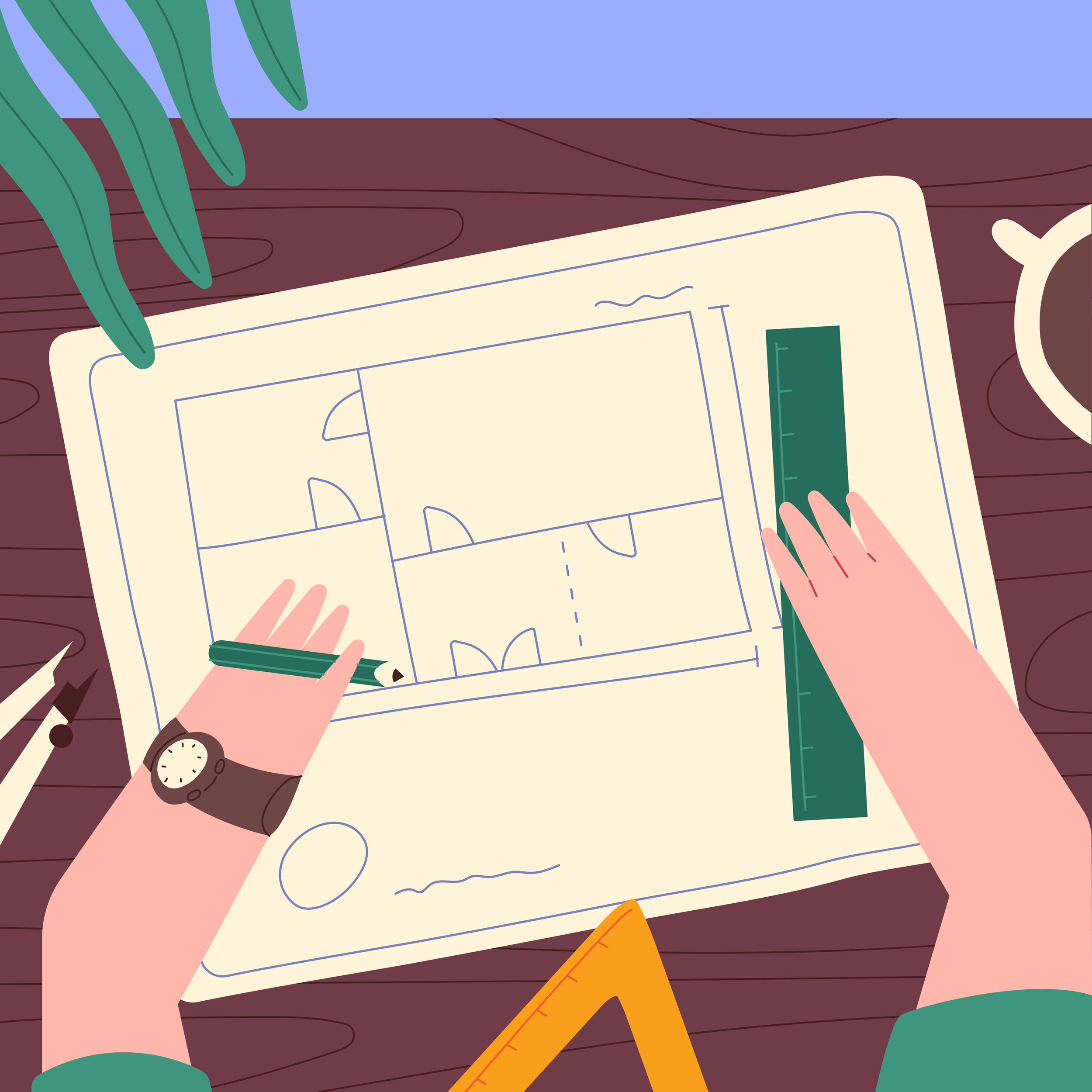 Drawing of a workspace with hands writing on a large sheet of paper containing a basketball court diagram, surrounded by a ruler, a pencil, and a pen, on a wooden table with a coffee mug and a wristwatch visible.