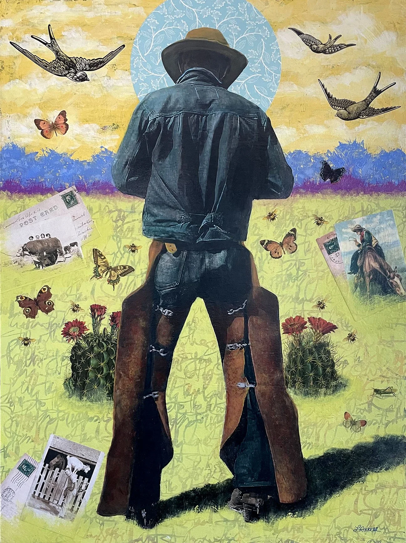 "Postcards From Home"  |  41.5"h x 31.5"w framed  |  Acrylic and mixed media on cradled board  |  Available through Gallery 1261  |  $5,000  |  Giclée fine art prints available