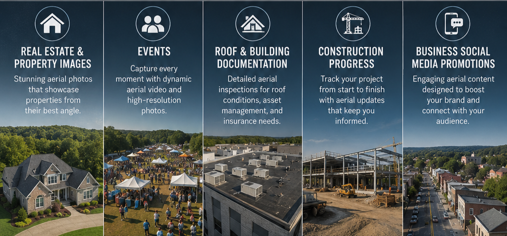 A series of five panels describing different real estate and construction services, including drone photography, event coverage, roof inspections, construction monitoring, and social media promotion.