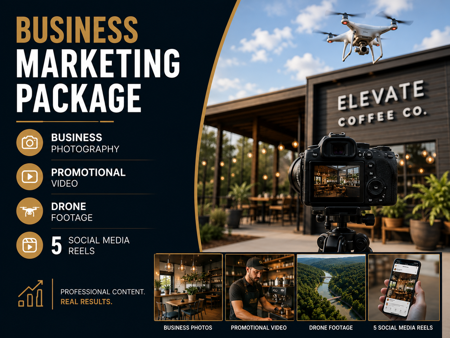 A promotional graphic for a business marketing package featuring photography, promotional videos, drone footage, and social media reels. Shows a camera with a cafe in the background, a drone flying above, and smaller images of a cafe interior, a barista, a river view, and a phone with social media posts.