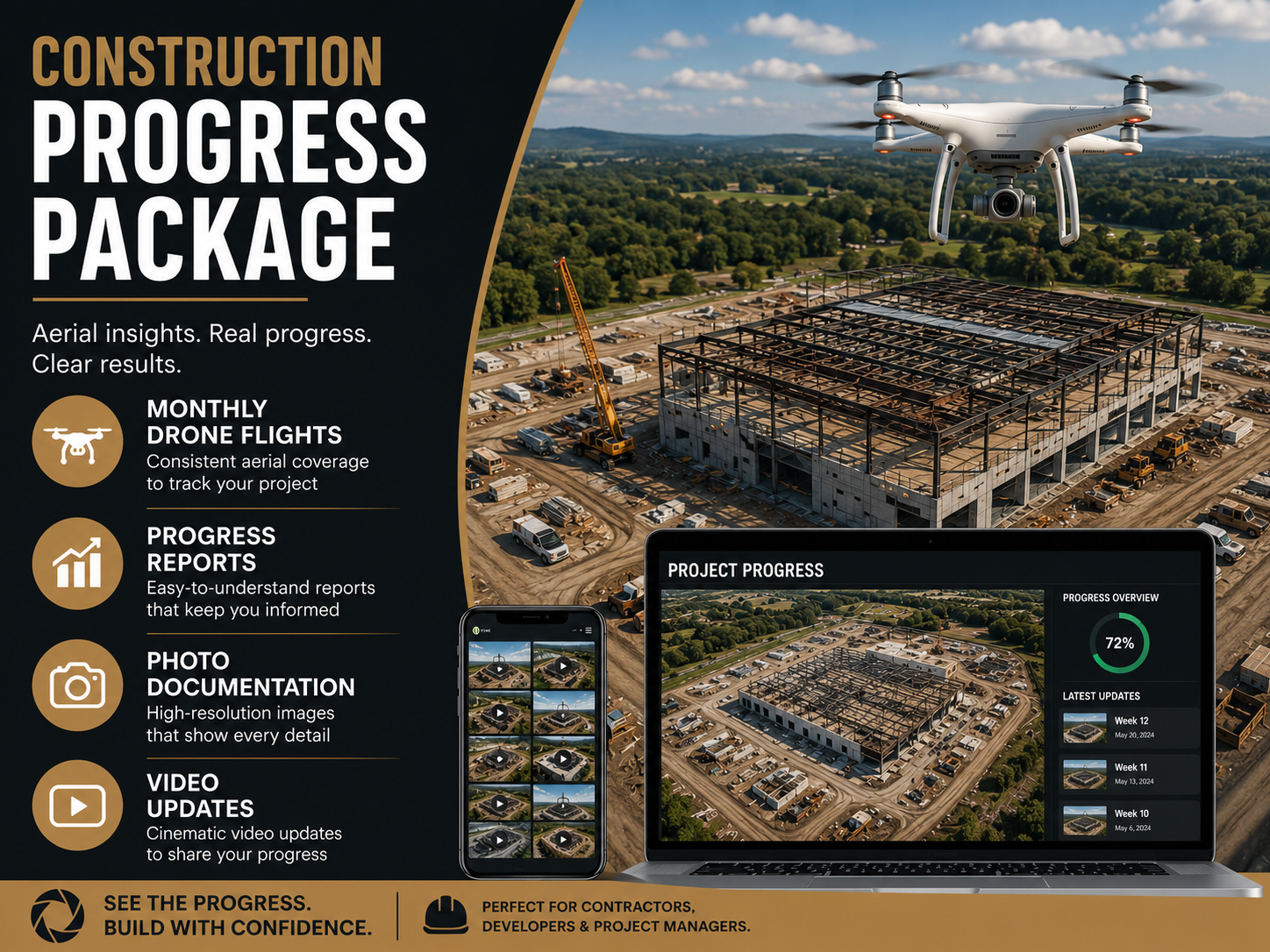 An aerial view of a construction site with a partially built structure, cranes, vehicles, and a drone flying overhead. The left side of the image features promotional text about construction progress packages, including services like drone flights, progress reports, photo documentation, and video updates, with images of a smartphone and laptop showing project progress.
