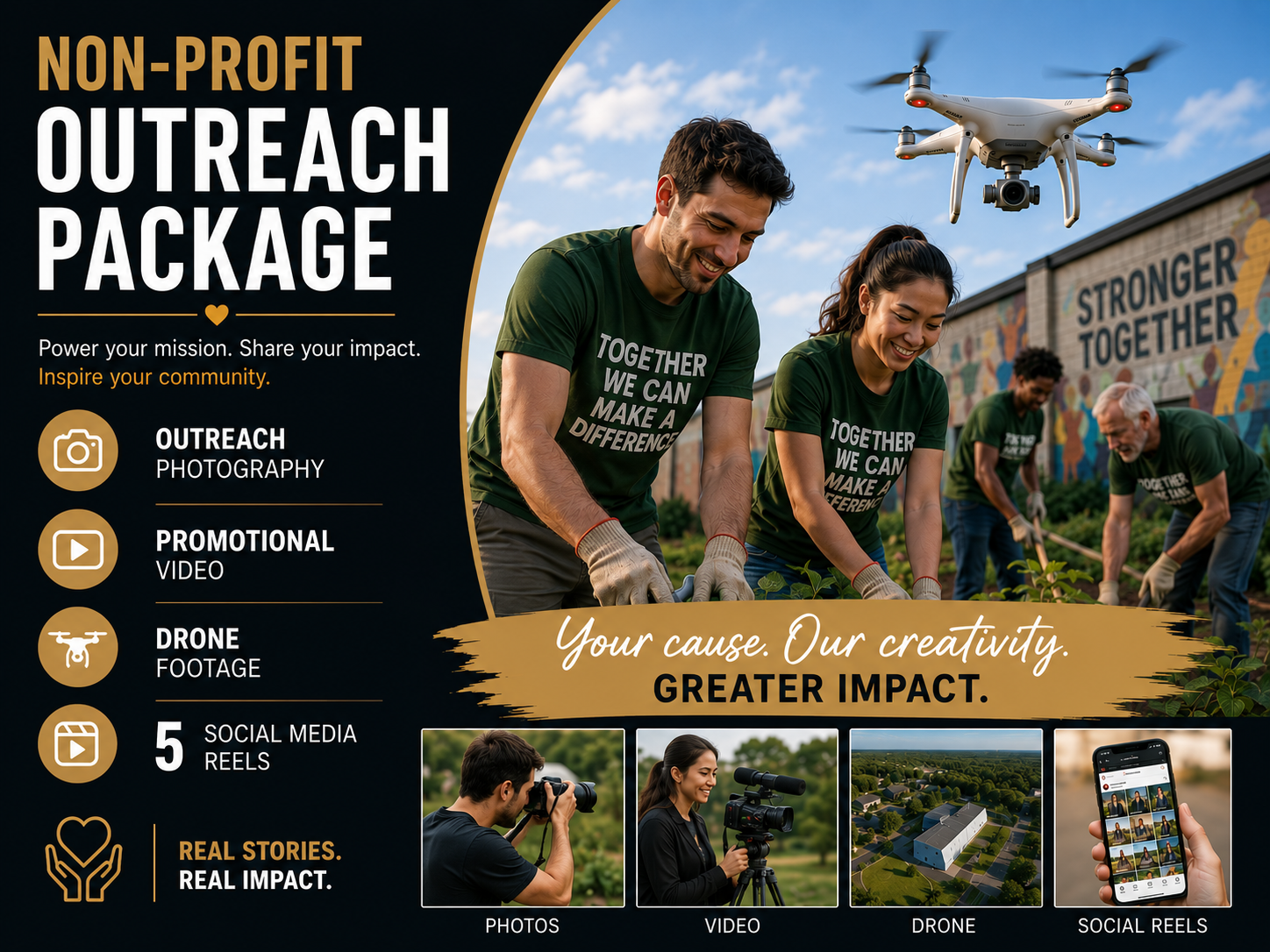 A flyer for a non-profit outreach campaign featuring a group of volunteers planting outdoors, with text highlighting photography, video, drone footage, and social media reels, emphasizing community impact and storytelling.