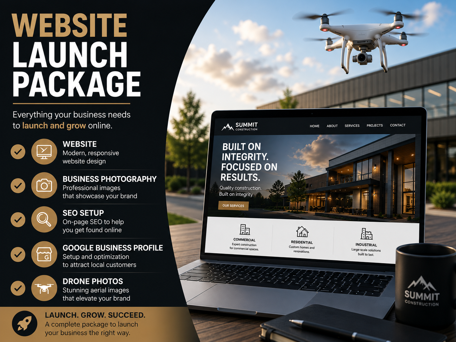 An advertisement for a website launch package showing a laptop displaying a construction company's website, a drone flying above, and a coffee mug with the company's logo. The text highlights services like website design, business photography, SEO setup, Google profile, drone photos, and a complete launch package.