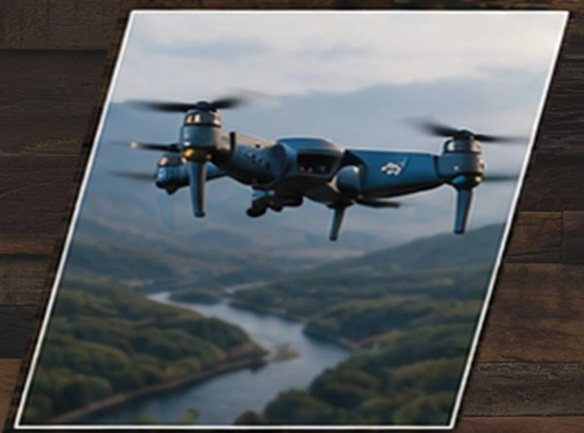 Quadcopter drone flying outdoors with a blurred natural landscape in the background.
