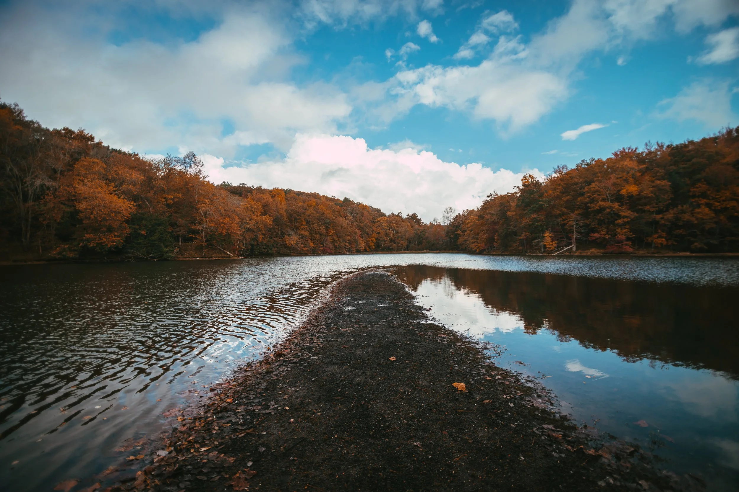 A narrow sandy and rocky path extending into a calm river, with dense autumn-colored trees on either side and a partly cloudy sky overhead.