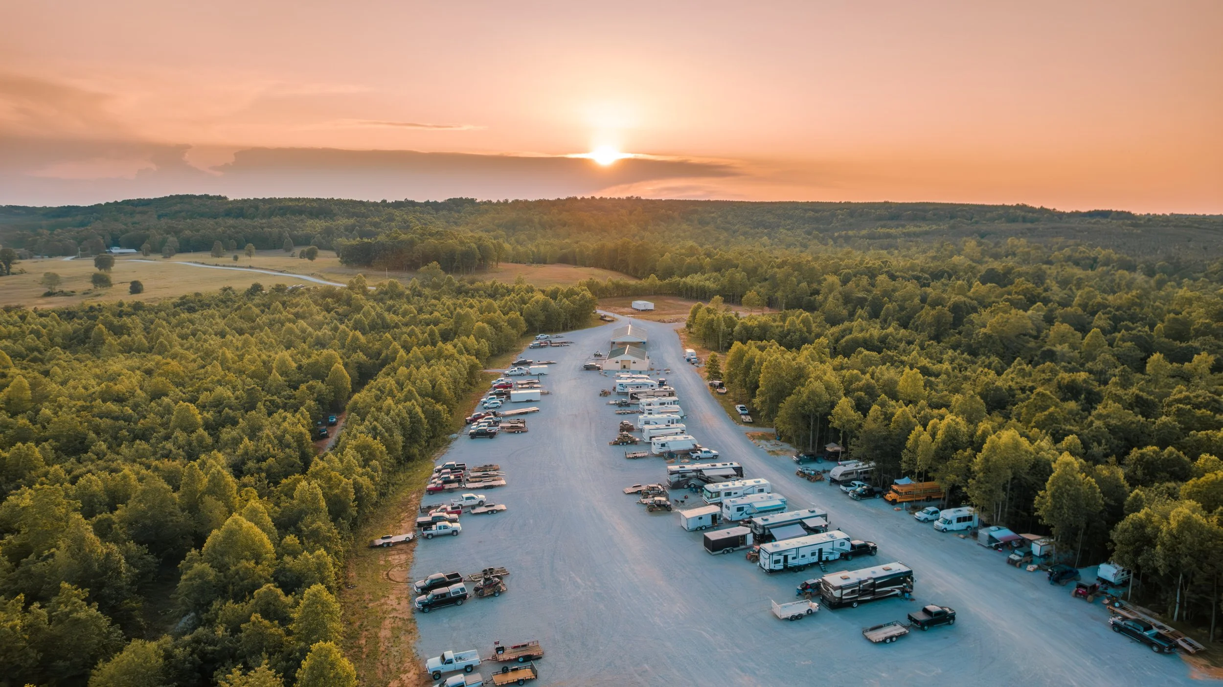 Aerial sunset view of the trailhead at Coalmont OHV Park in Grundy County, TN.