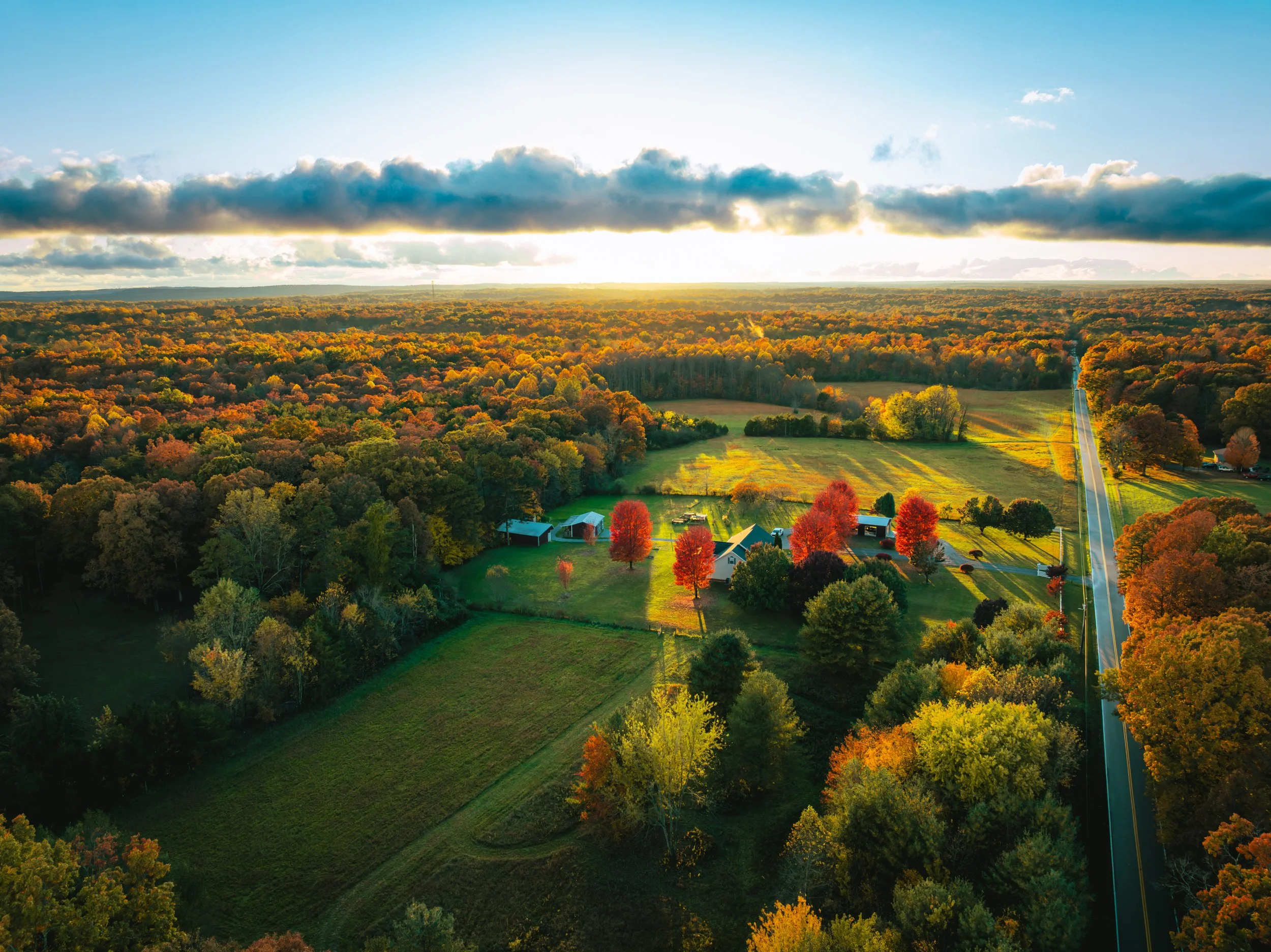 Aerial view of a scenic autumn landscape in Gruetli-Laager, TN.