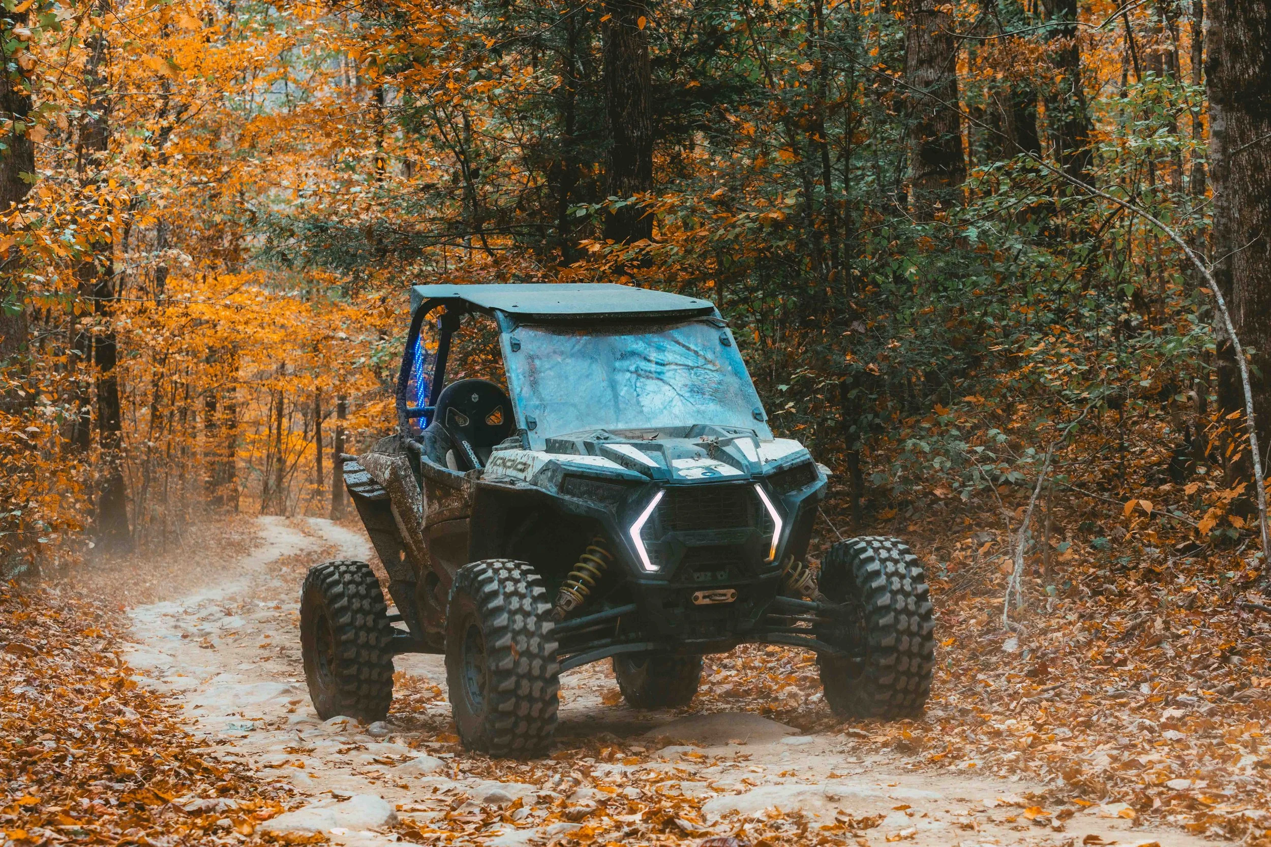 An off-road vehicle driving on a dirt trail through a forest with autumn-colored leaves.