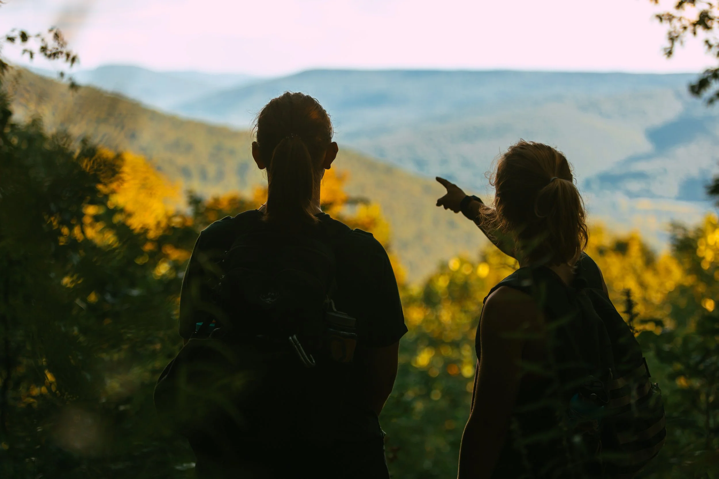 Two women with backpacks standing in a forest, looking at a mountain landscape, one woman pointing at something in the distance.