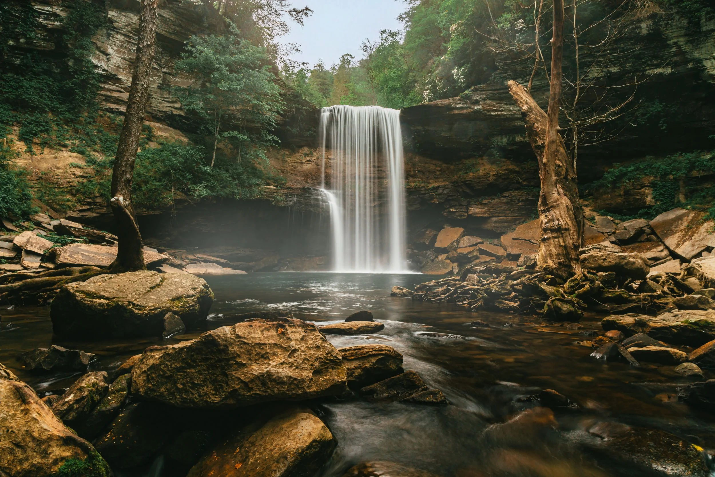 A waterfall flowing into a rocky river surrounded by trees in a lush green forest.