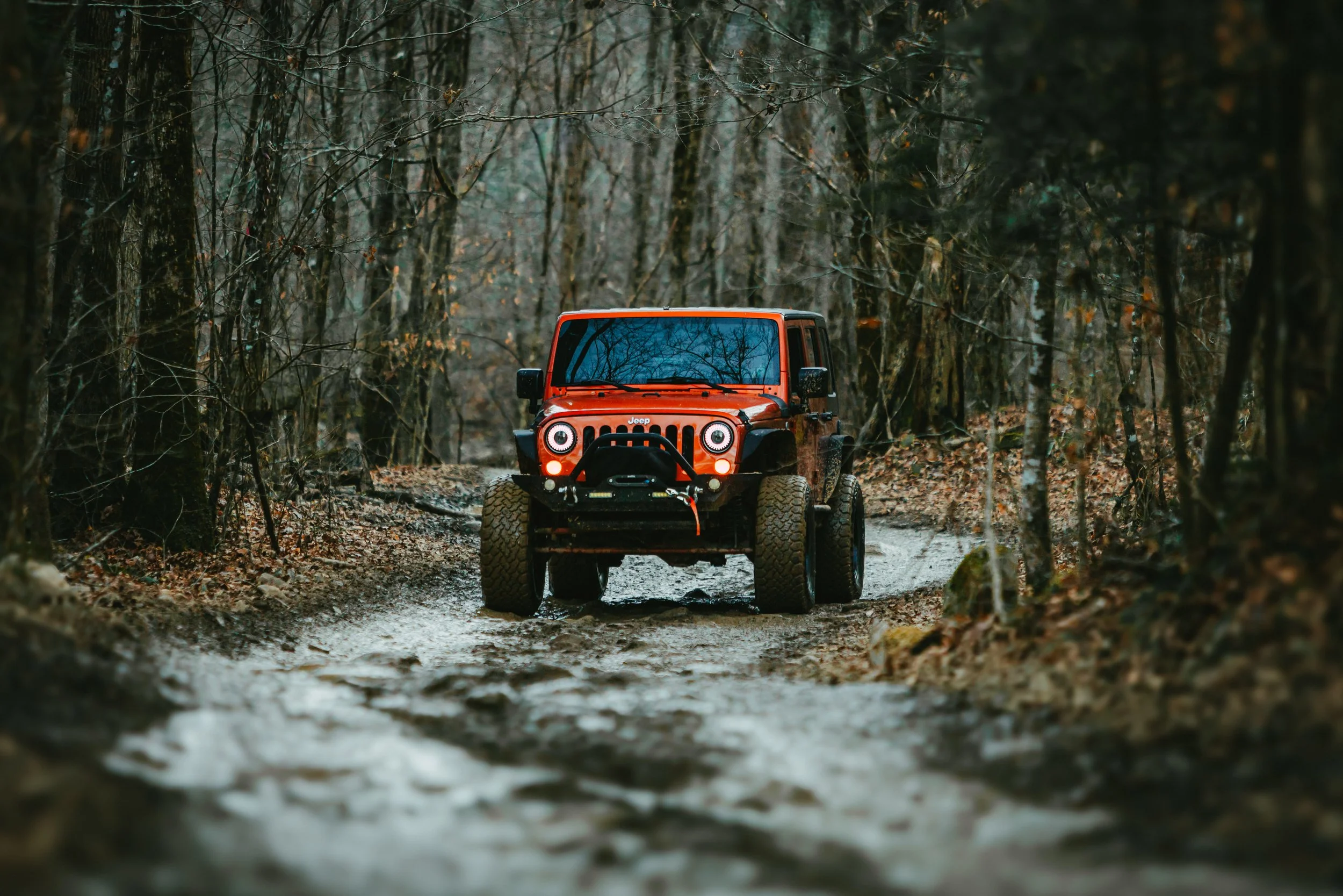 Red Jeep off-road vehicle driving through a forest trail with trees and fallen leaves