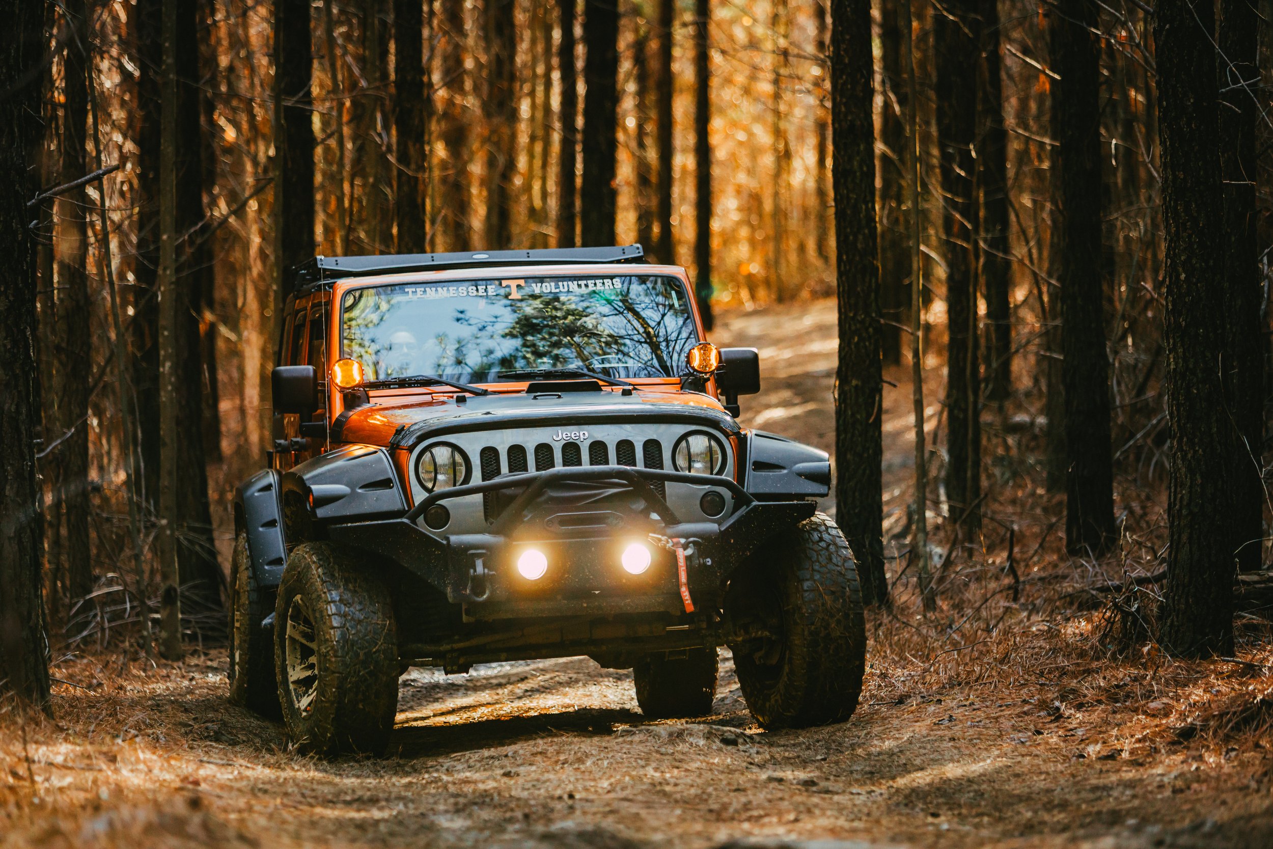 An orange Jeep with black fenders driving on a dirt trail through a dense forest with tall trees and autumn leaves.