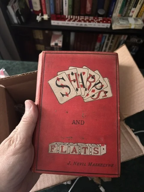 A first edition copy of John Nevil Maskelyne's 19th century expose of card cheating methodologies. This book has lots of detail on how cheats stole money using the game of faro. From the private collection of gambling expert Andrew Wimhurst.