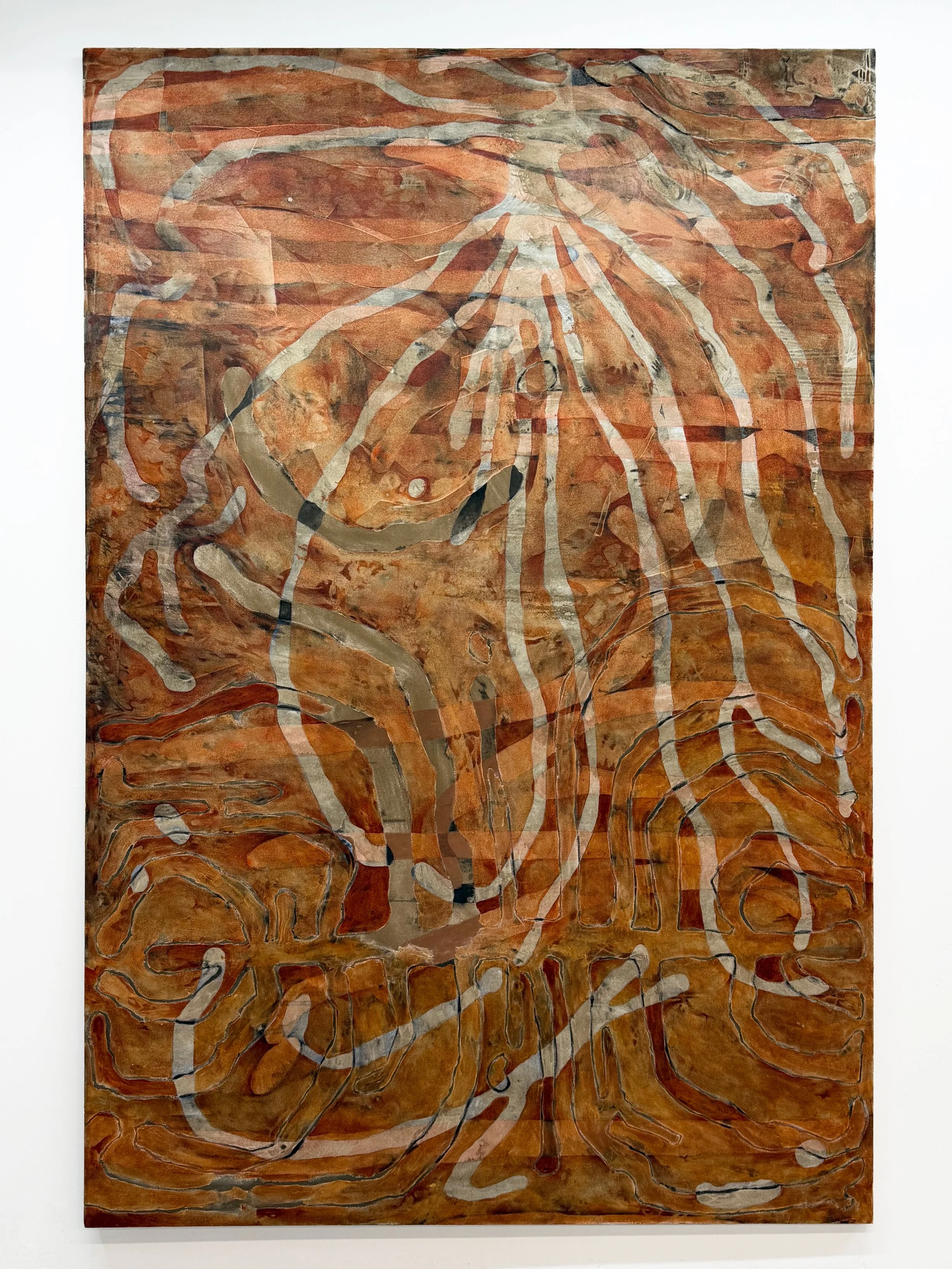 Beetle Strata.

Black walnut hull ink, acrylic ink, fluid acrylic, liquid graphite, vine black ink, charcoal, soft pastel, colored pencil, oil paint, acrylic gesso, on canvas. 
90inx48in.
2026