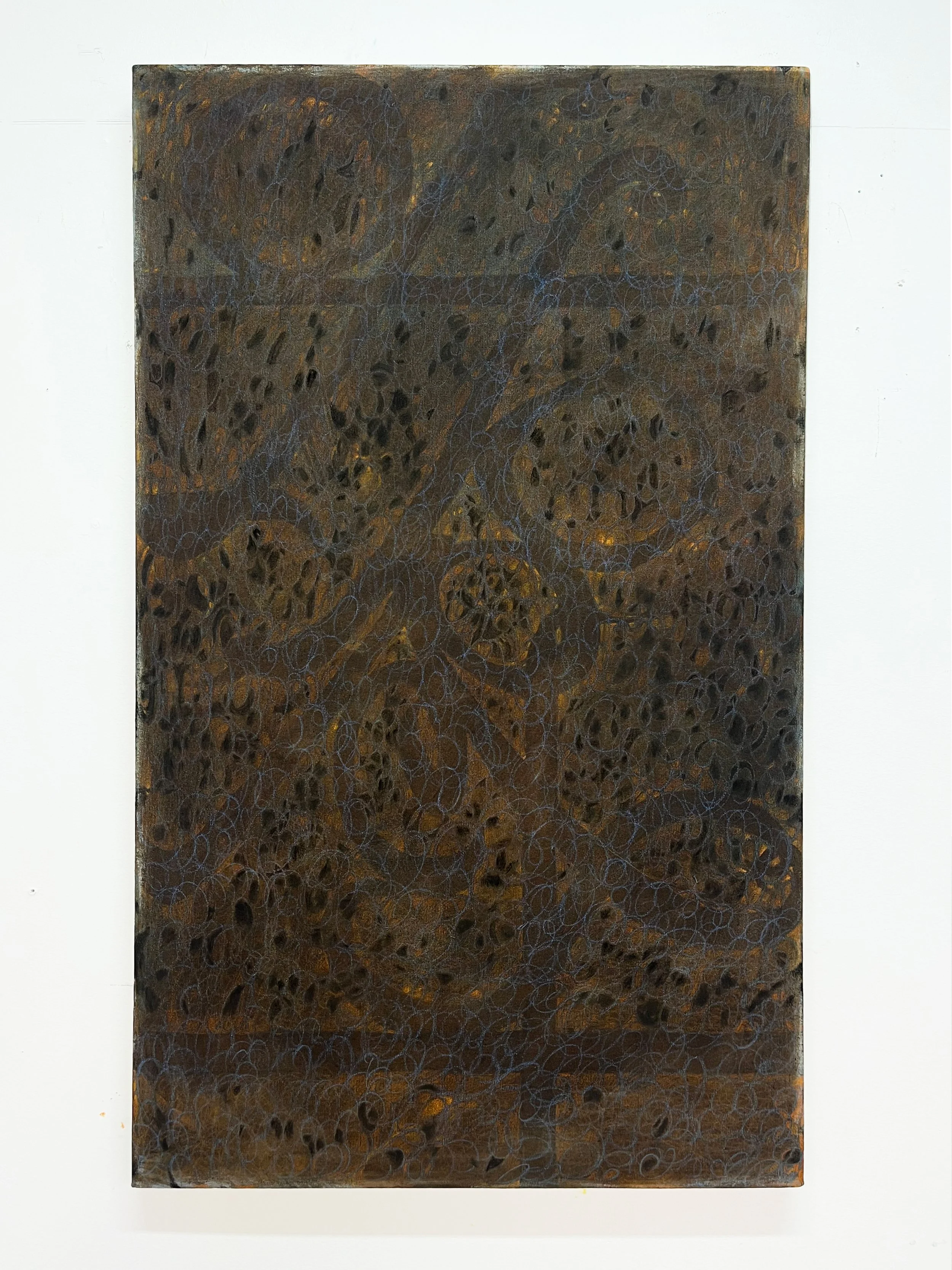 
Of, Forest. 

Rabbit skin glue, black walnut hull ink, acrylic paint, pine charcoal, vine charcoal, compressed charcoal, colored pencil, on canvas.
36inx42in.  
2025