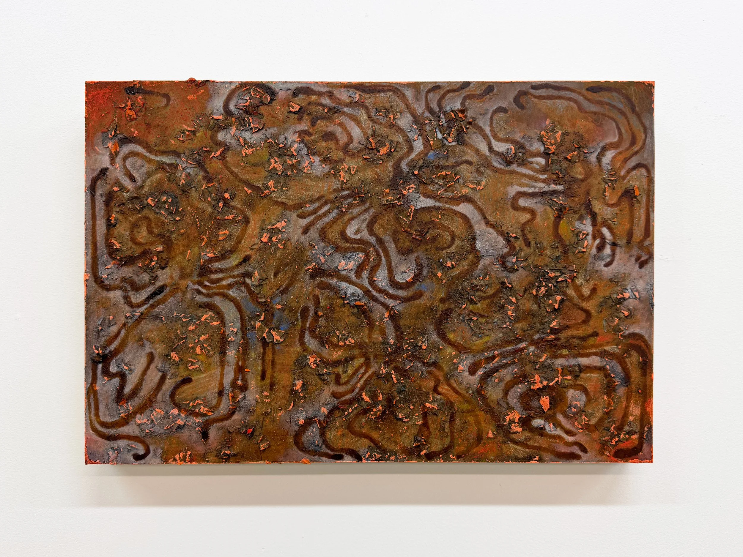 We can't stop the beetles from dancing. 

Oil paint, colored pencil, soft pastel, pencil shavings, wood glue, matte medium, clear gesso, solidified paint marker, on panel.
12inx18in.
2026

