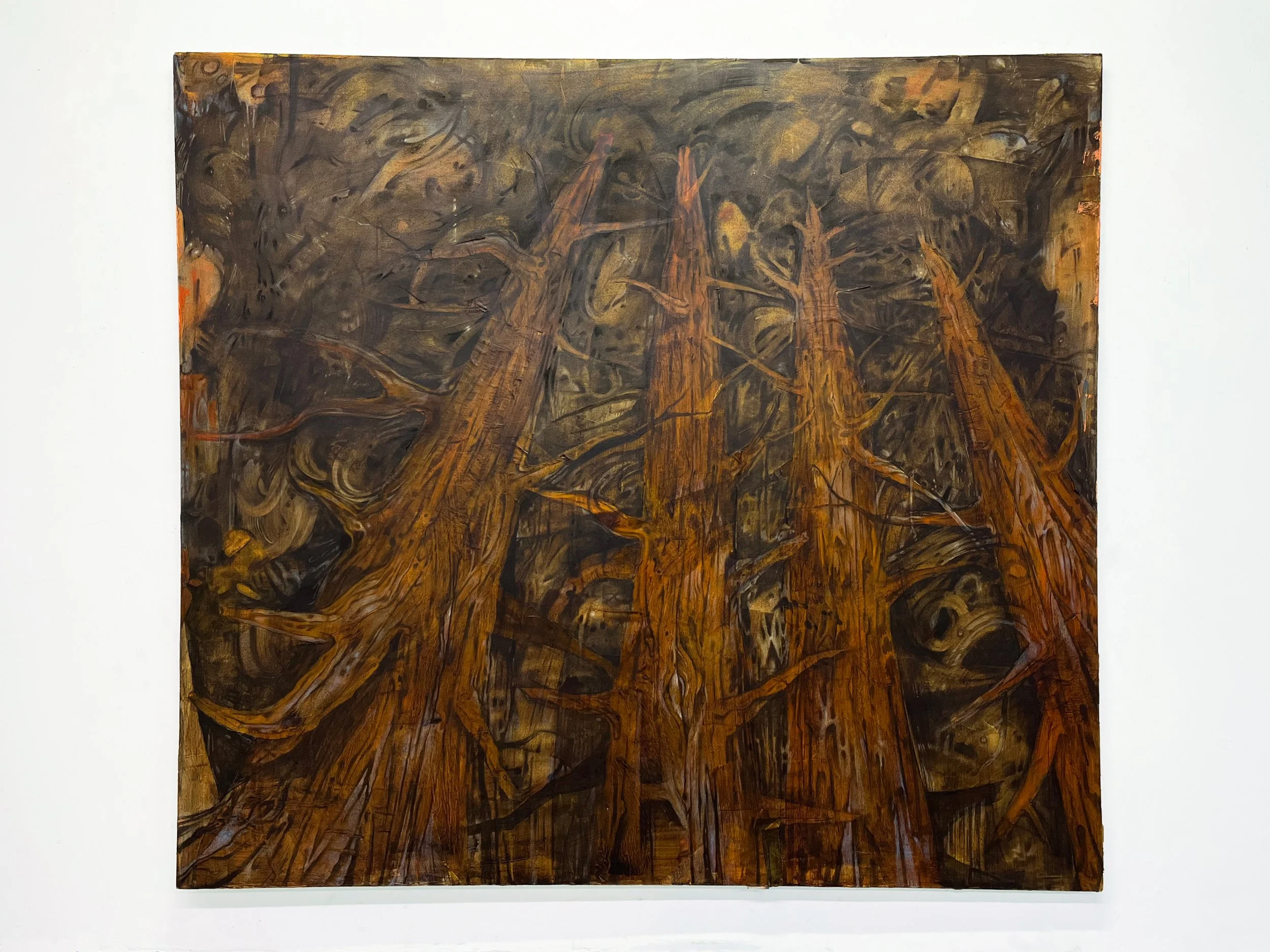 Untitled 71. 

Black walnut hull ink, acorn cap ink, acrylic
paint, fluid acrylic, coffee, pine charcoal, vine
charcoal, compressed charcoal, gloss
medium, colored pencil, solidified paint marker, tracing paper, on canvas.
66inx72in.
2025