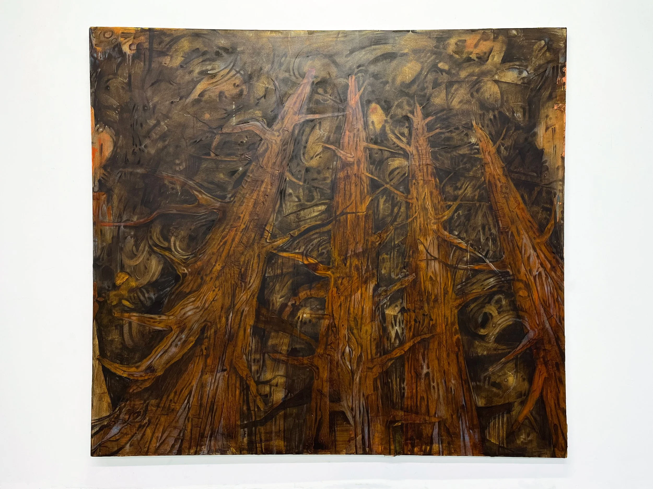 Untitled 71. 

Black walnut hull ink, acorn cap ink, acrylic
paint, fluid acrylic, coffee, pine charcoal, vine
charcoal, compressed charcoal, gloss
medium, colored pencil, solidified paint marker, tracing paper, on canvas.
66inx72in.
2025