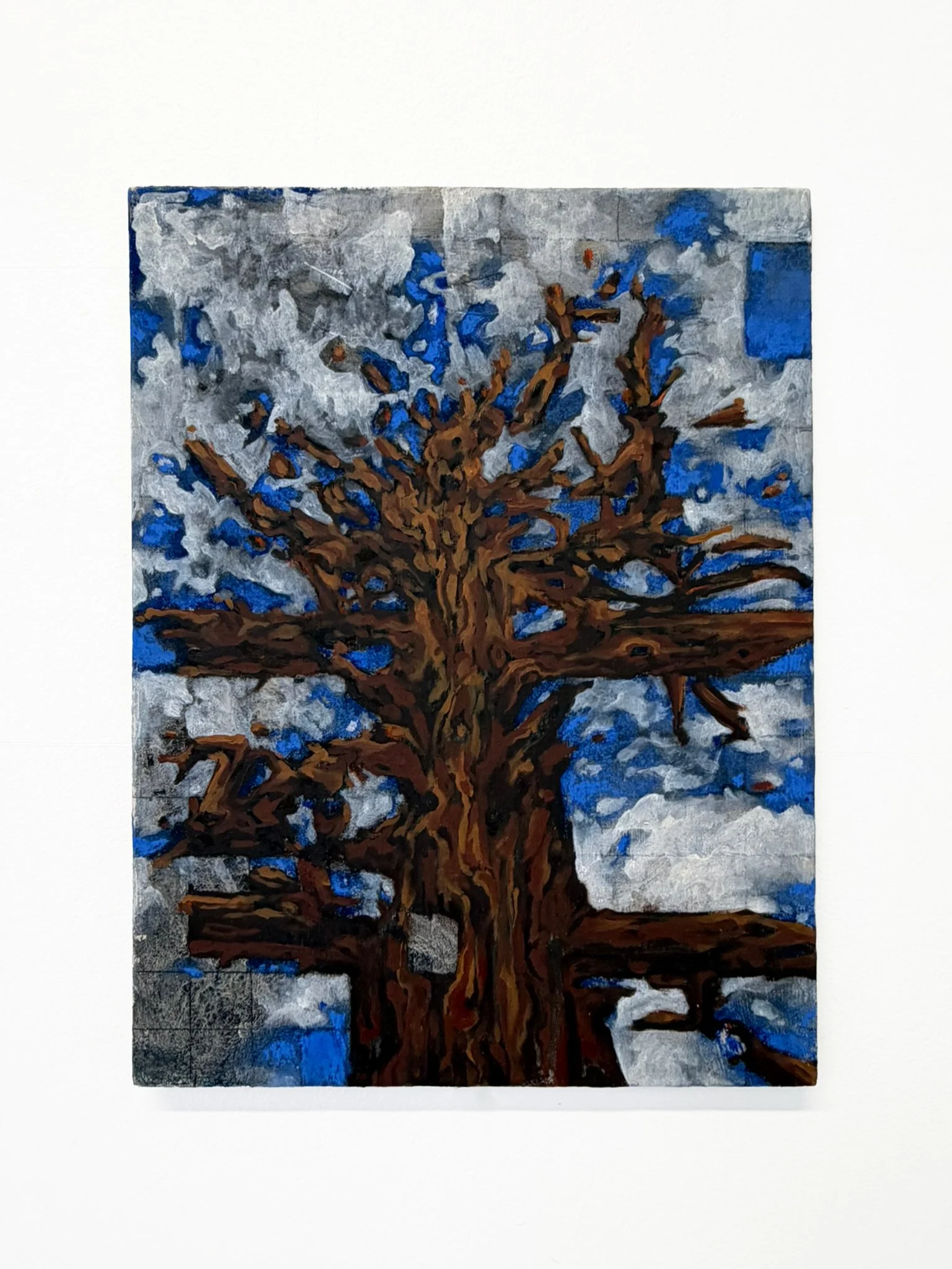 Untitled (tree). 

Vine charcoal, compressed charcoal, vine black ink, graphite, soft pastel, oil, chalk gesso on panel.
12inx9in.
2026