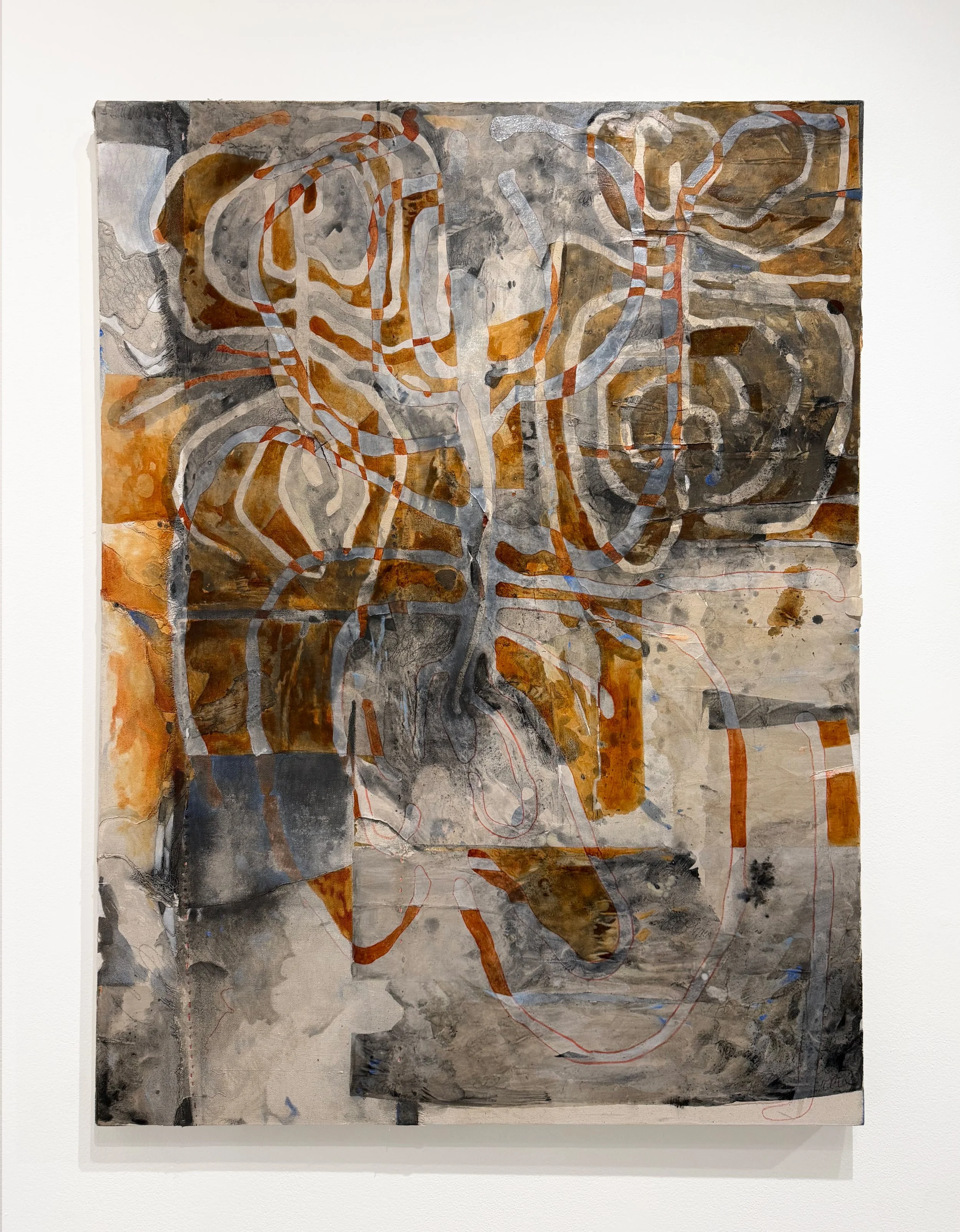 Untitled 78.

 Vine charcoal, vine black ink, colored pencil, pastel pencil, graphite, liquid graphite, embroidery floss, oil paint, acrylic paint, rabbit skin glue, on paper and canvas. 
42inx36in. 
2026

