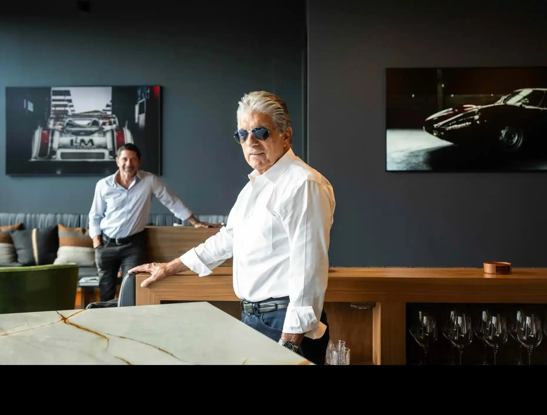  Tony Principe and his father Rick, the father-and-son duo behind Finish Line Auto Club, pose in the clubhouse of their third luxury garage condo development for car enthusiasts in Calabasas on Tuesday, Oct. 21, 2025. The company plans to expand into
