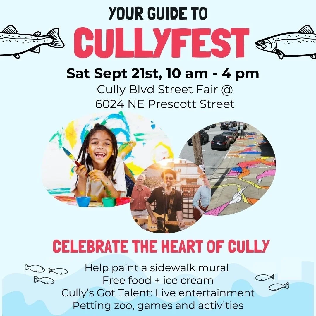 Your Guide to CullyFest! 
Saturday, Sept 21st 10AM-4PM
Check out the musical lineup and other fun activities planned for CullyFest here:
https://tinyurl.com/CULLYFESTGUIDE

Sidewalk Mural Painting (All Day - 10am-4pm)
All ages are welcome to help out